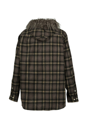FUR-TRIMMED HOODED CHECK SHIRT / BRW