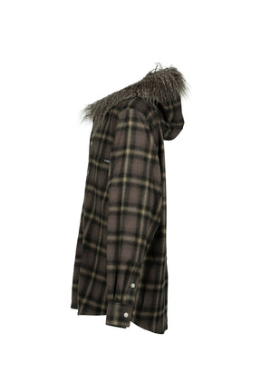 FUR-TRIMMED HOODED CHECK SHIRT / BRW