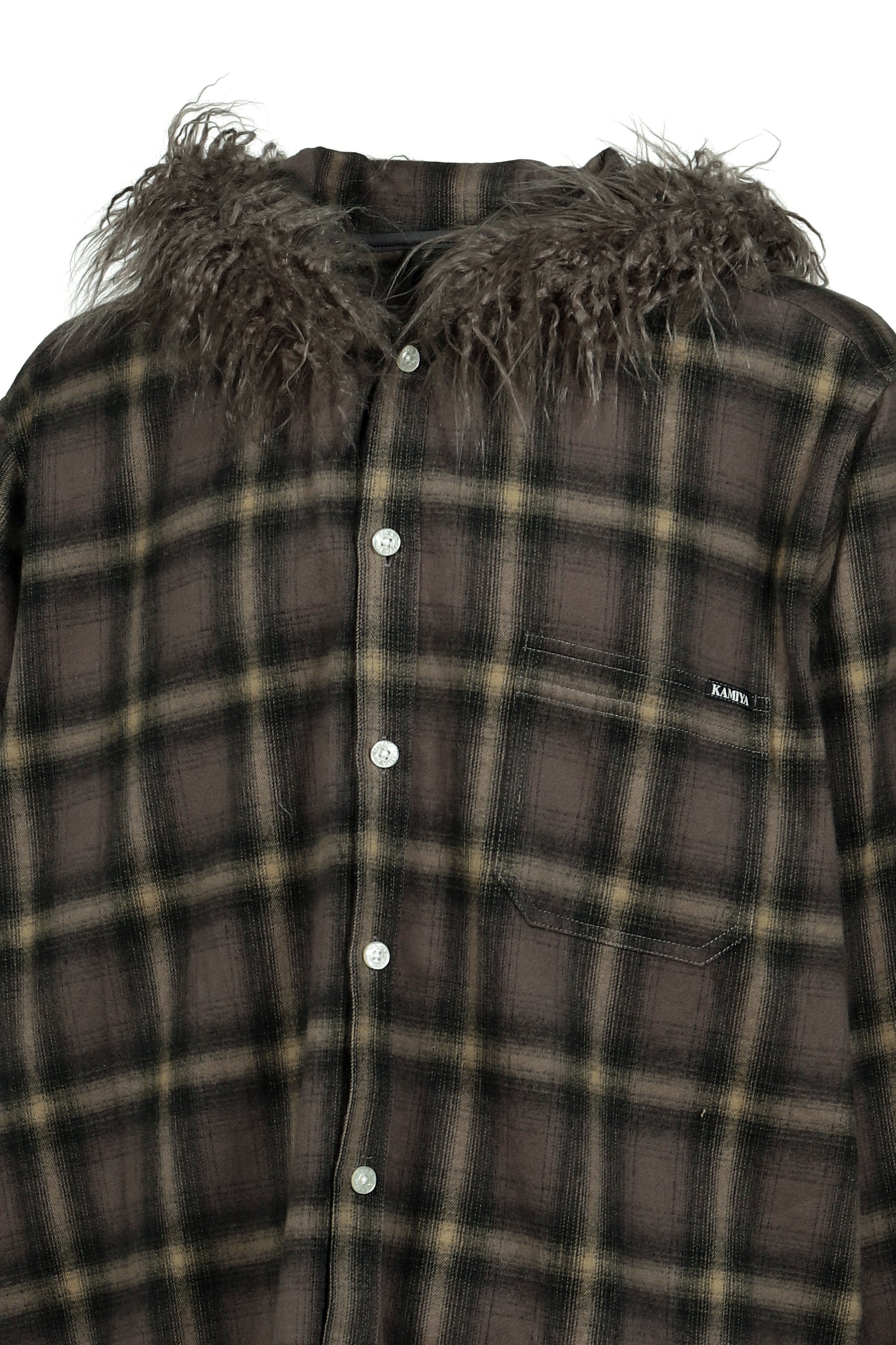 FUR-TRIMMED HOODED CHECK SHIRT / BRW