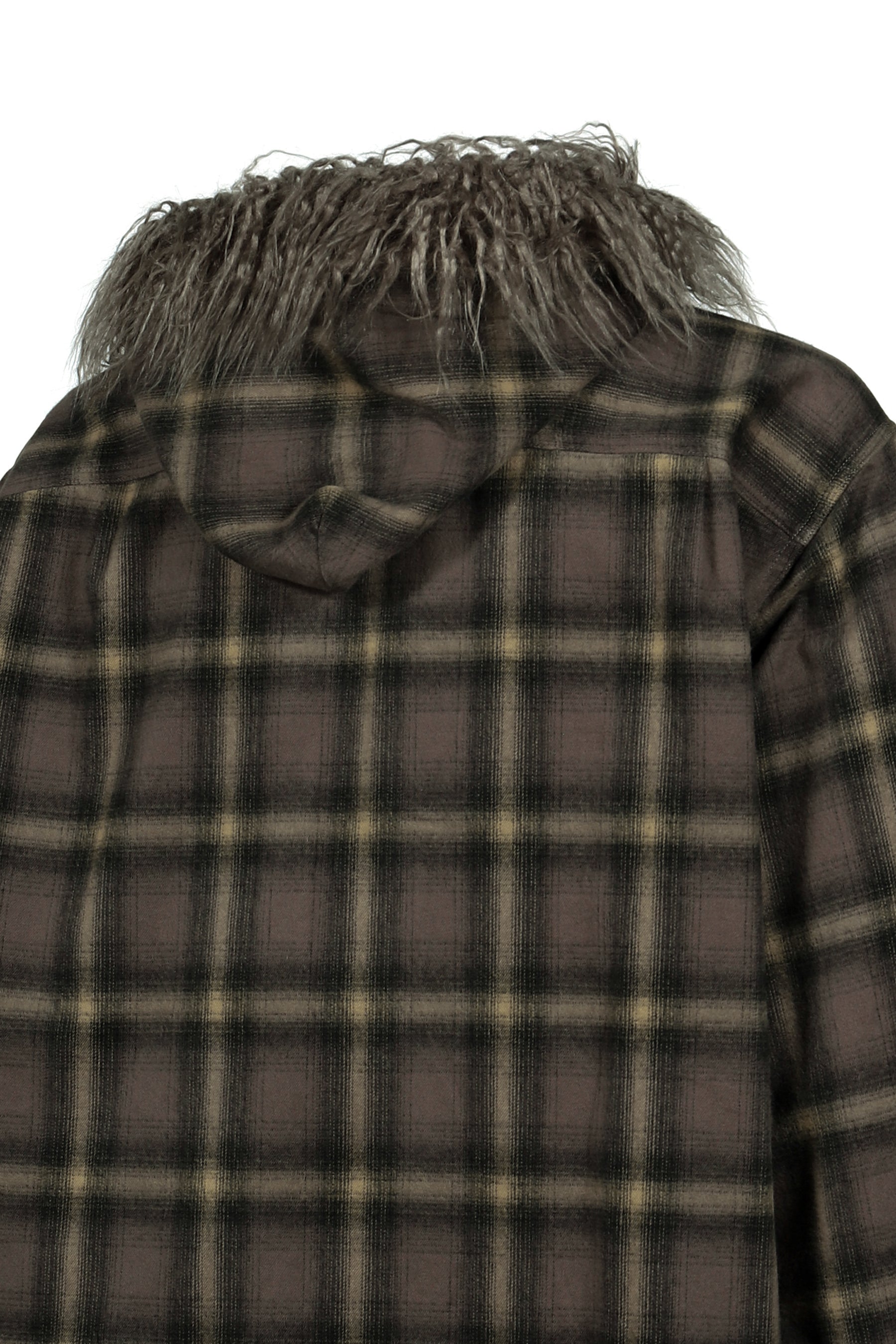 FUR-TRIMMED HOODED CHECK SHIRT / BRW