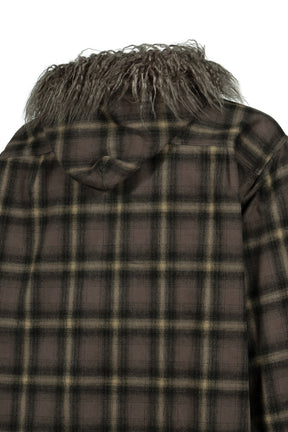 FUR-TRIMMED HOODED CHECK SHIRT / BRW