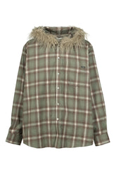 FUR-TRIMMED HOODED CHECK SHIRT / GRN