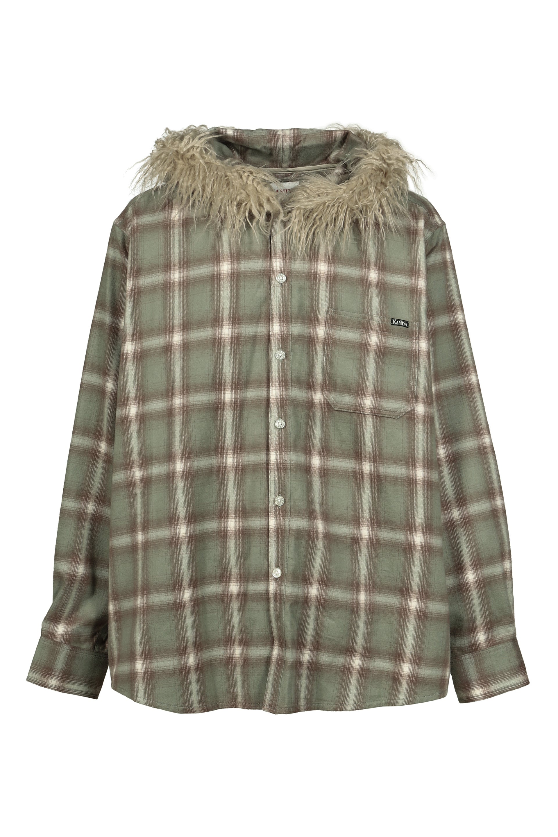 FUR-TRIMMED HOODED CHECK SHIRT / GRN