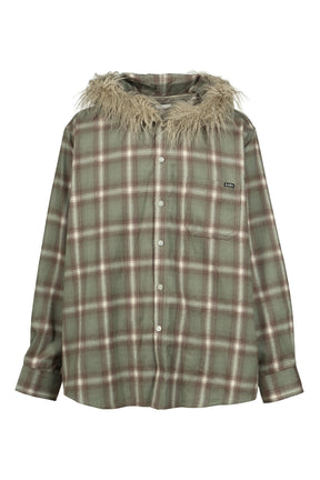 FUR-TRIMMED HOODED CHECK SHIRT / GRN