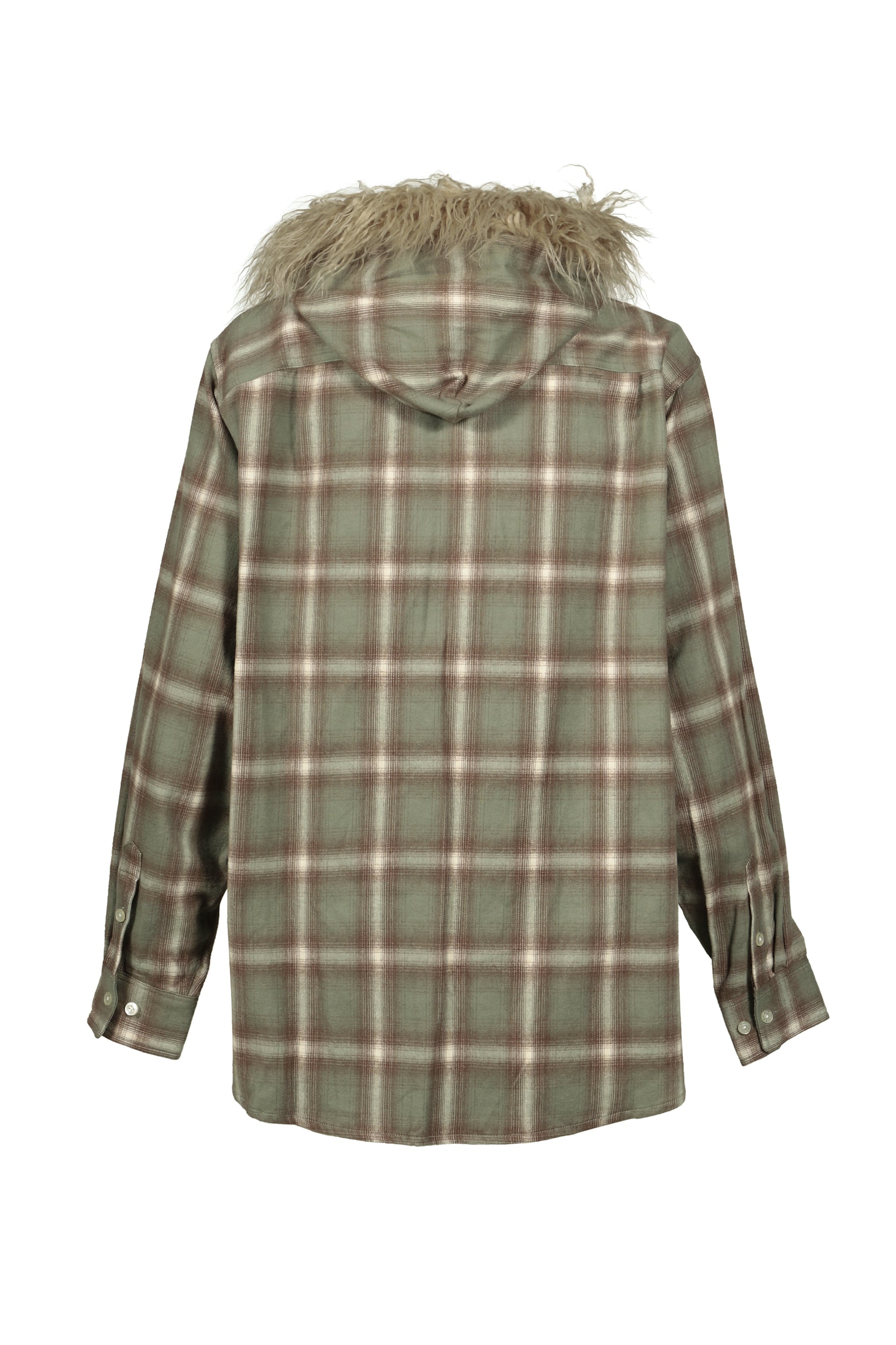 FUR-TRIMMED HOODED CHECK SHIRT / GRN