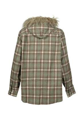 FUR-TRIMMED HOODED CHECK SHIRT / GRN