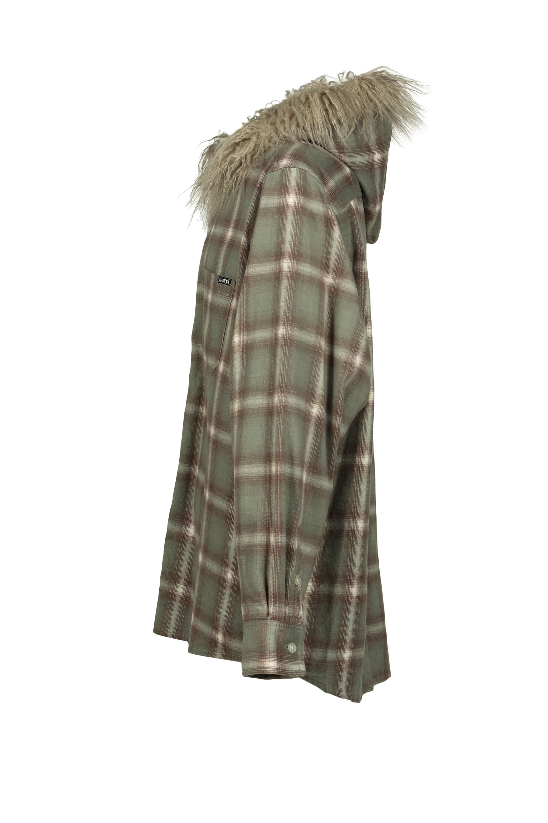 FUR-TRIMMED HOODED CHECK SHIRT / GRN