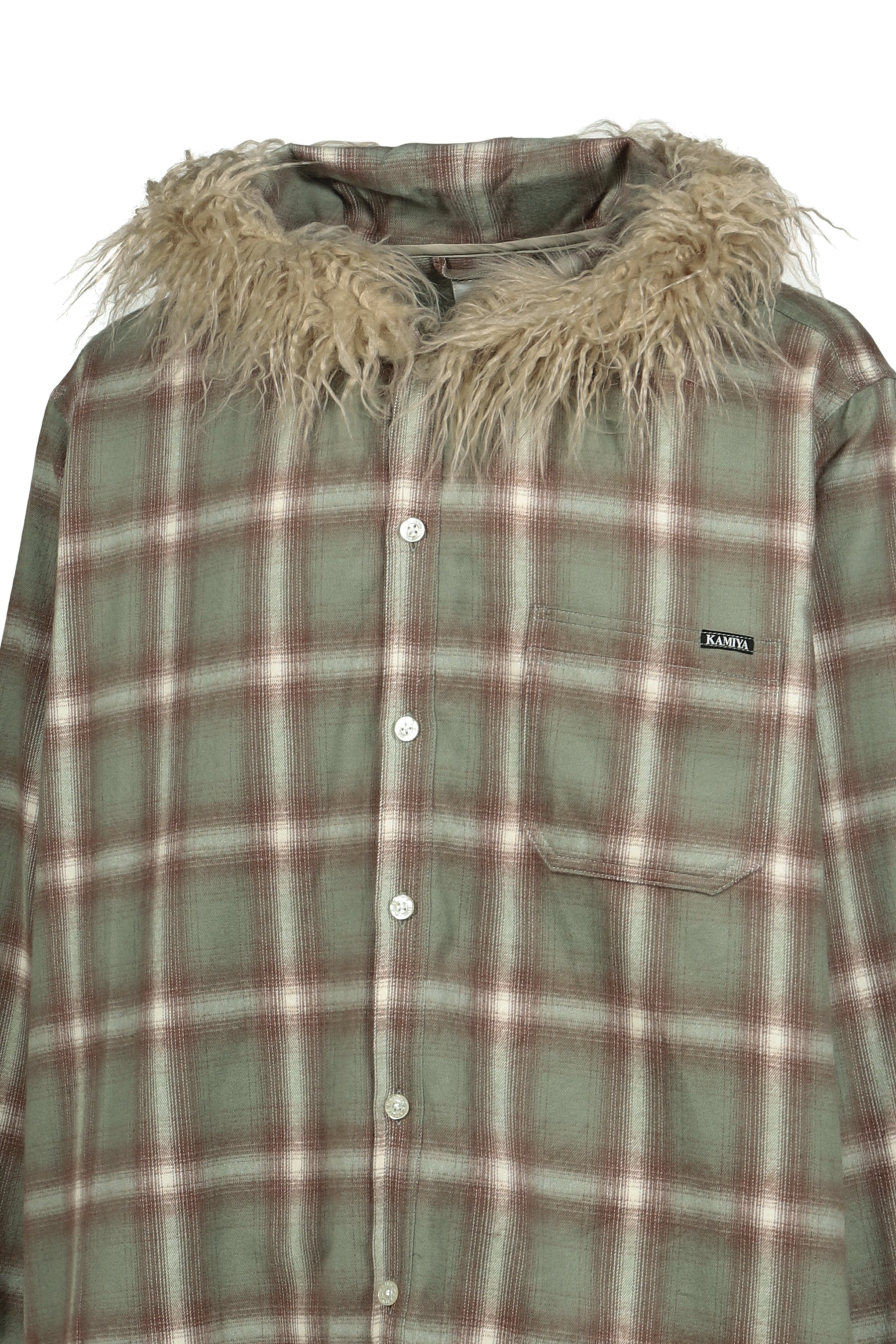 FUR-TRIMMED HOODED CHECK SHIRT / GRN