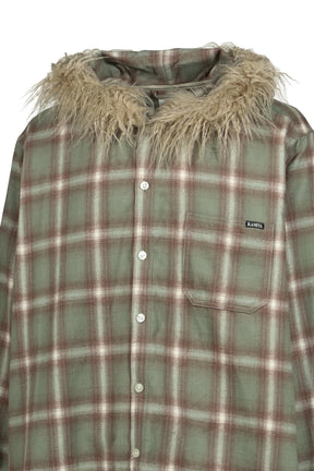 FUR-TRIMMED HOODED CHECK SHIRT / GRN