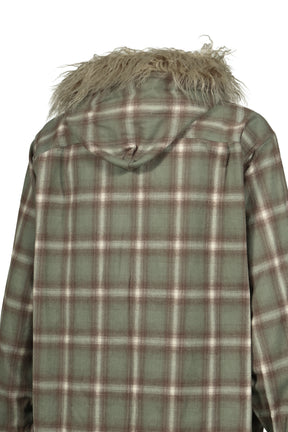 FUR-TRIMMED HOODED CHECK SHIRT / GRN