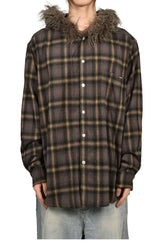 FUR-TRIMMED HOODED CHECK SHIRT / BRW