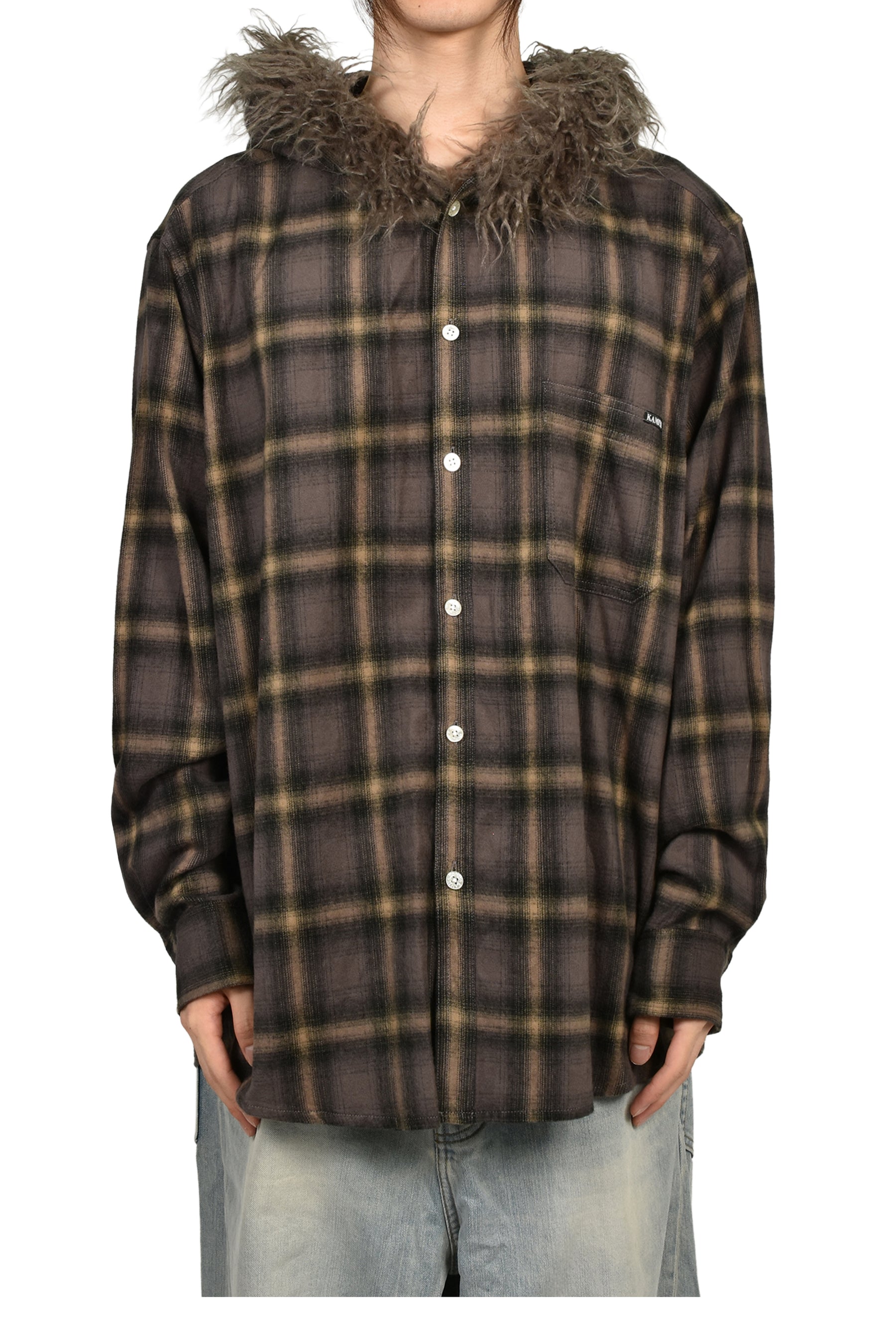 FUR-TRIMMED HOODED CHECK SHIRT / BRW