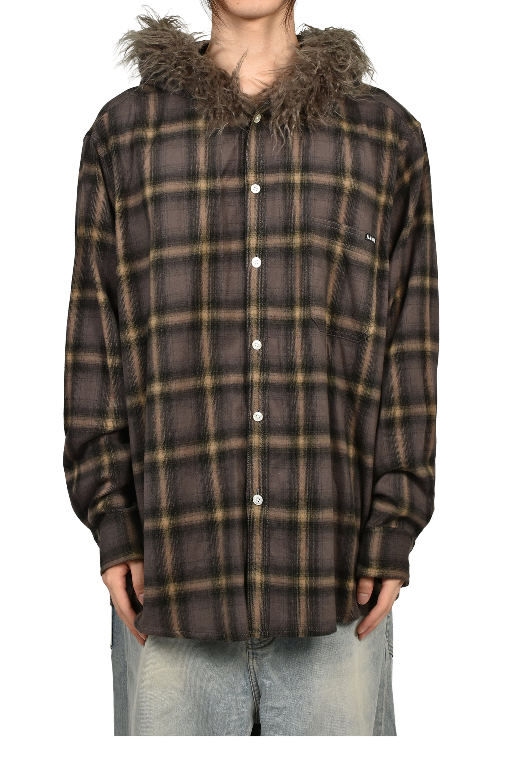 FUR-TRIMMED HOODED CHECK SHIRT / BRW