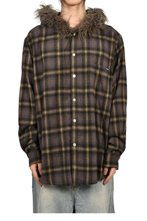 FUR-TRIMMED HOODED CHECK SHIRT / BRW