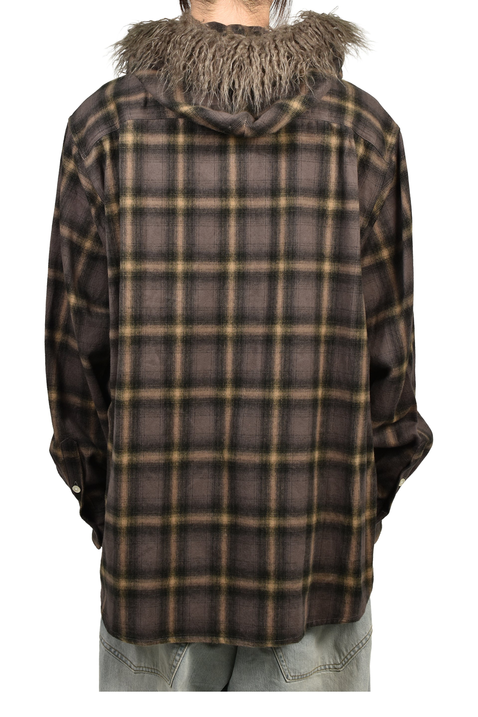 FUR-TRIMMED HOODED CHECK SHIRT / BRW