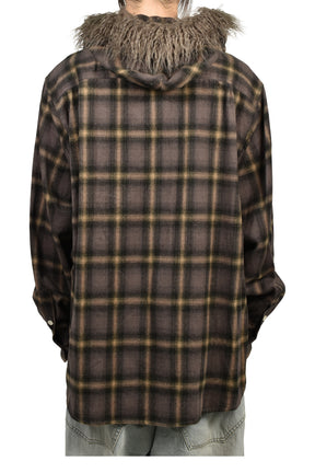 FUR-TRIMMED HOODED CHECK SHIRT / BRW