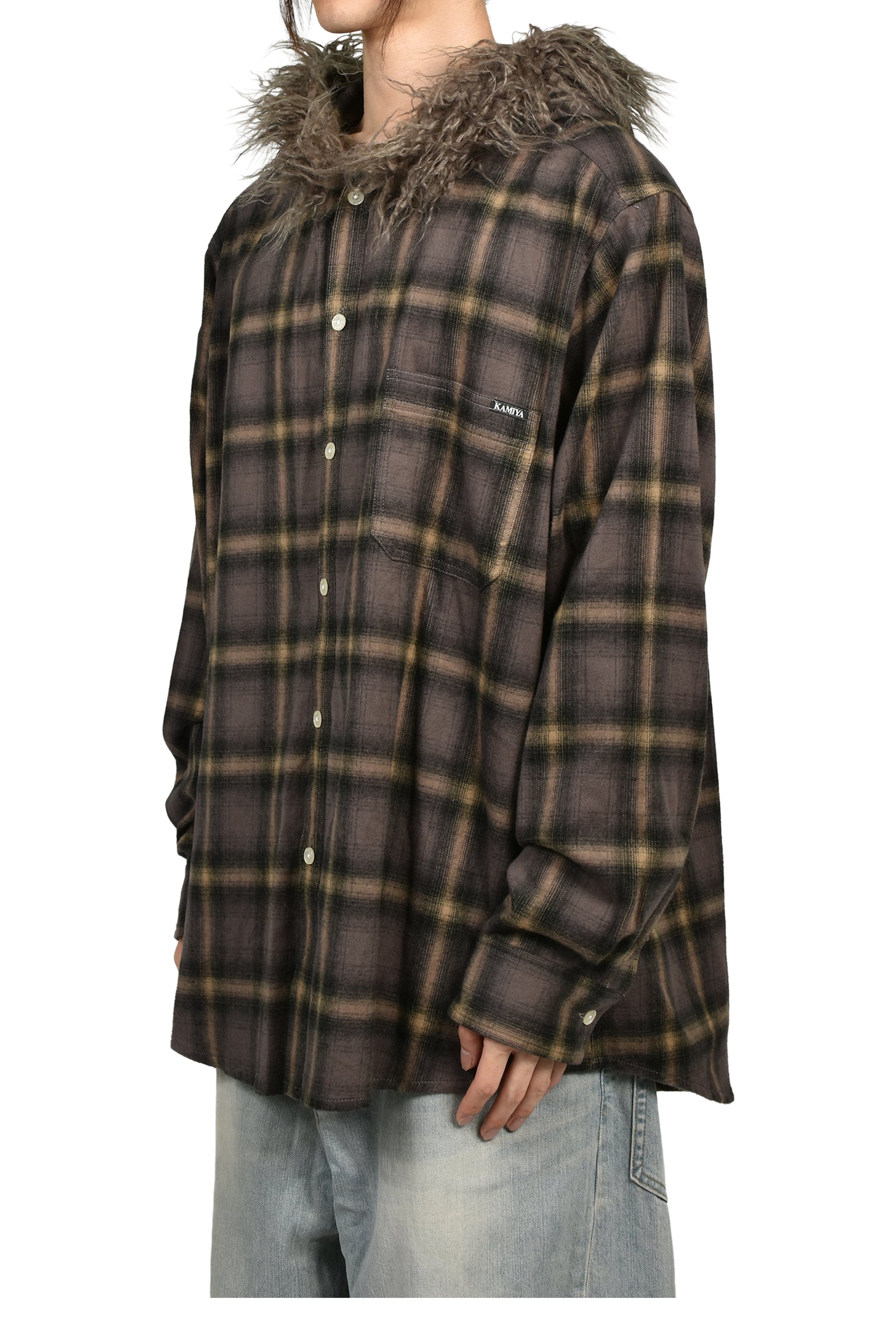 FUR-TRIMMED HOODED CHECK SHIRT / BRW