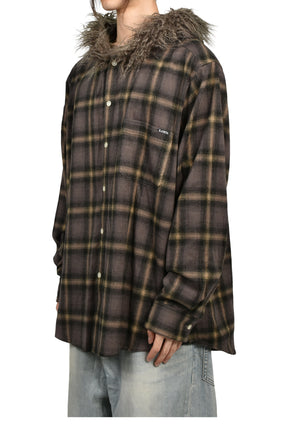FUR-TRIMMED HOODED CHECK SHIRT / BRW
