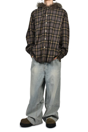 FUR-TRIMMED HOODED CHECK SHIRT / BRW
