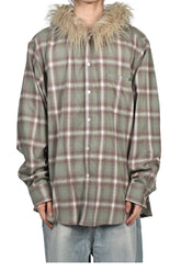 FUR-TRIMMED HOODED CHECK SHIRT / GRN