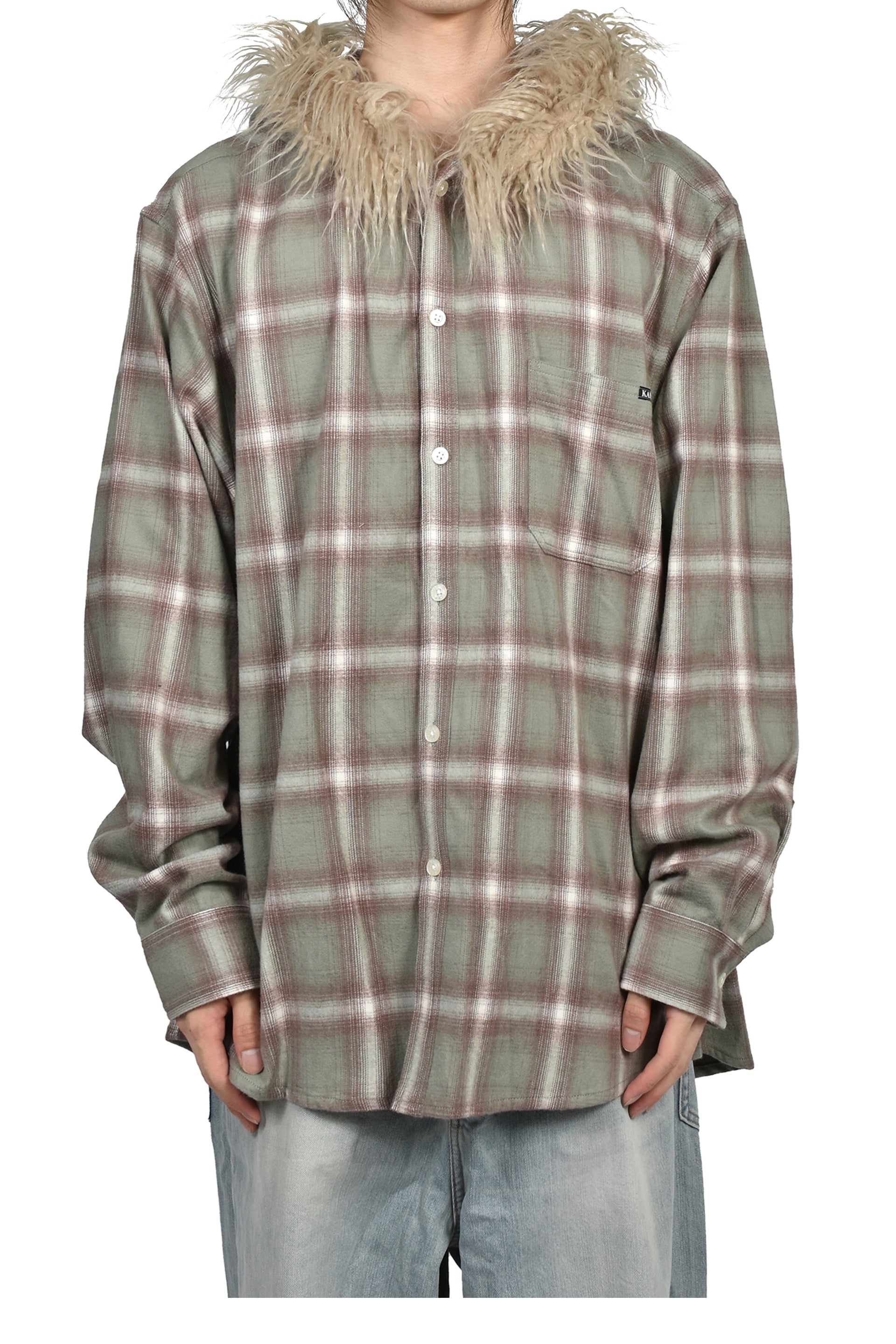 FUR-TRIMMED HOODED CHECK SHIRT / GRN