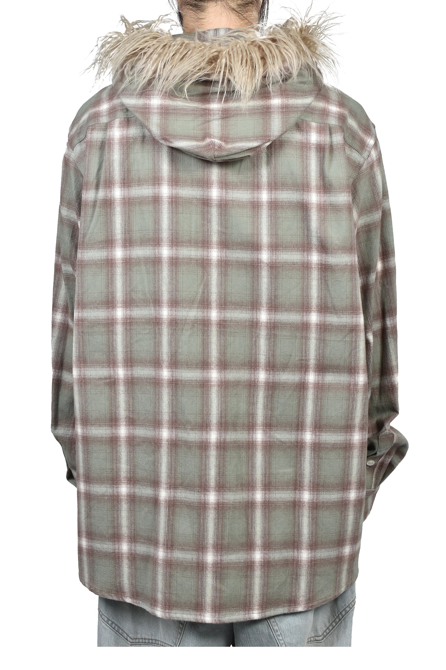 FUR-TRIMMED HOODED CHECK SHIRT / GRN