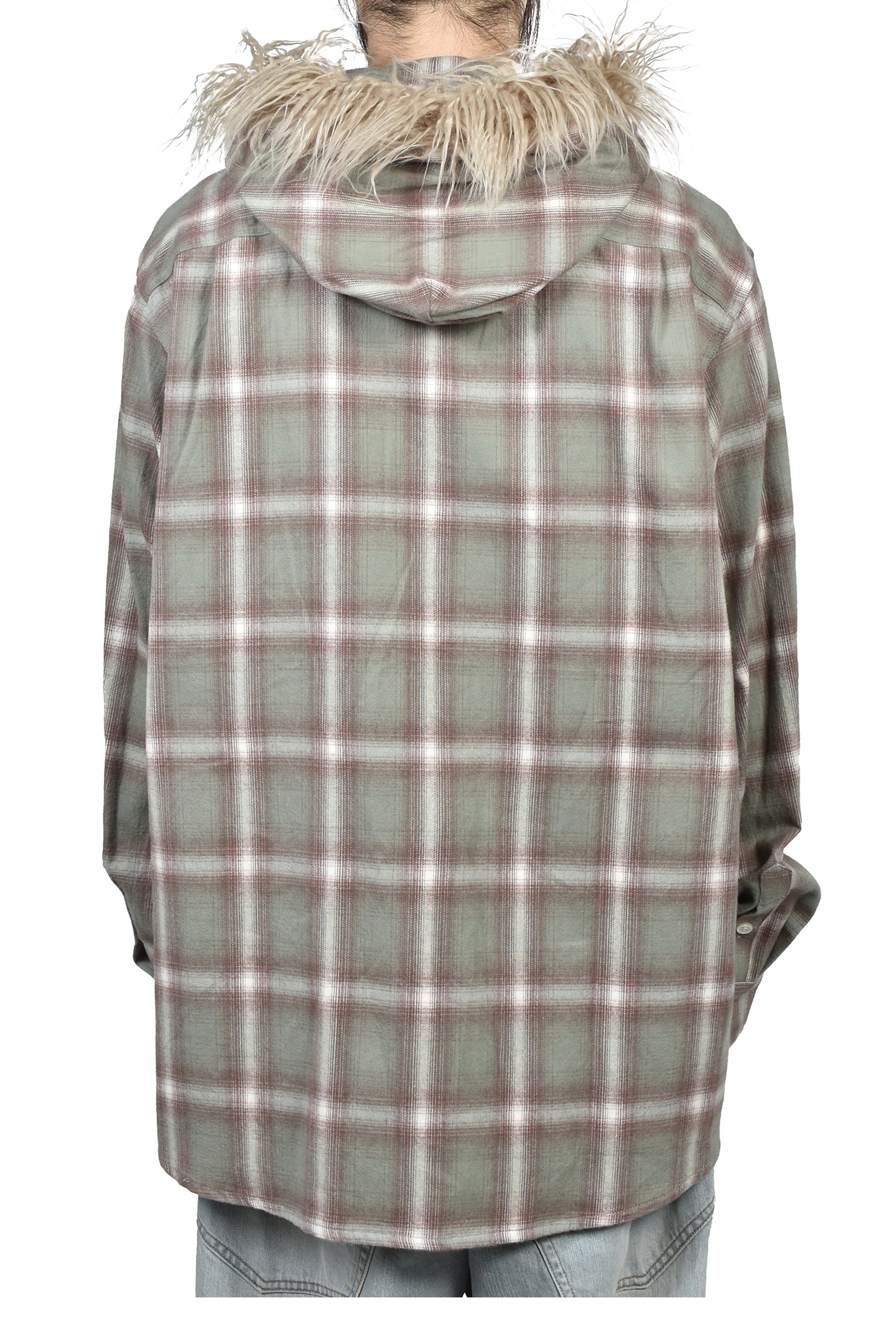 FUR-TRIMMED HOODED CHECK SHIRT / GRN