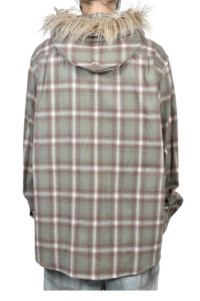 FUR-TRIMMED HOODED CHECK SHIRT / GRN