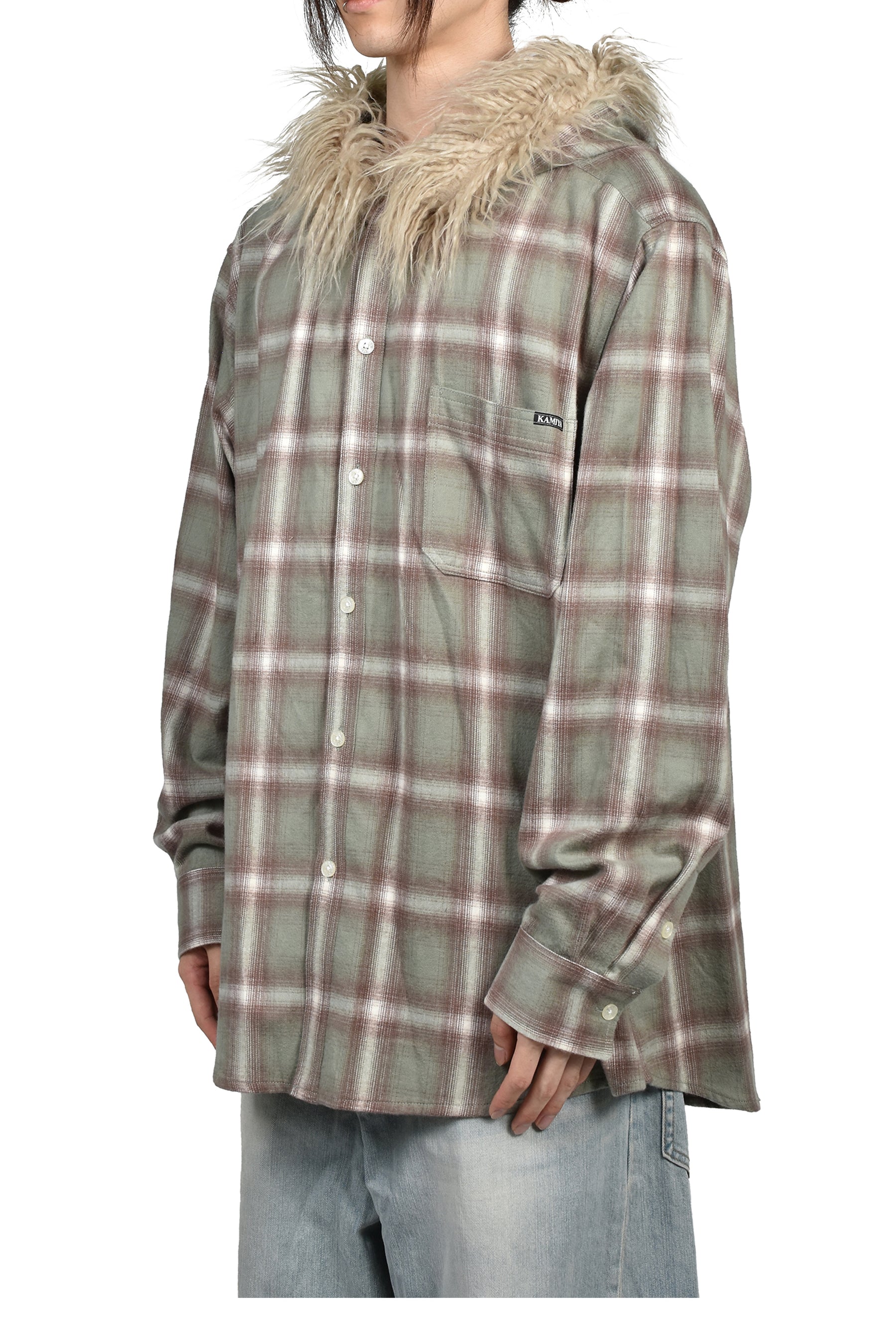FUR-TRIMMED HOODED CHECK SHIRT / GRN