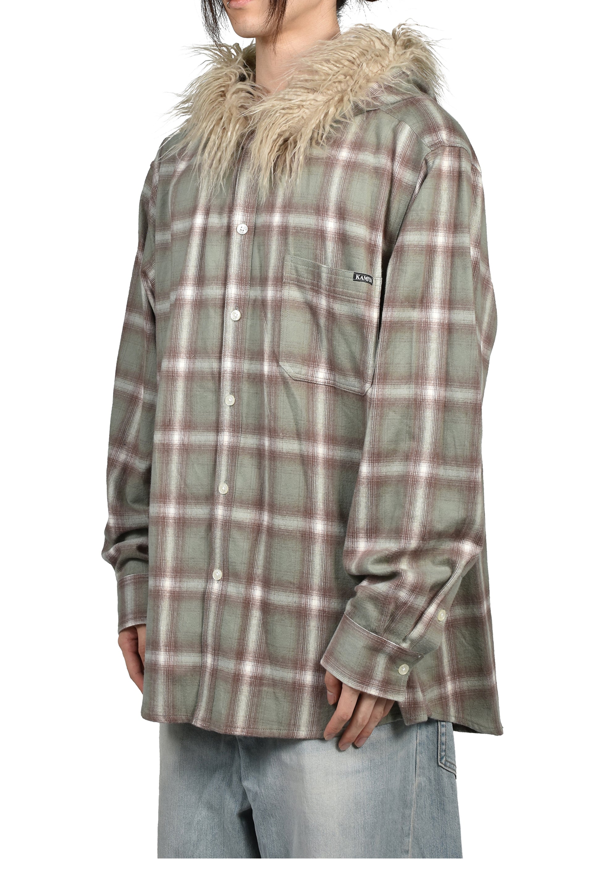 FUR-TRIMMED HOODED CHECK SHIRT / GRN