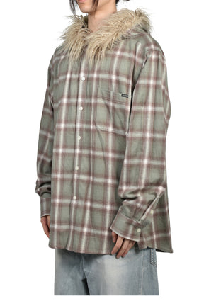 FUR-TRIMMED HOODED CHECK SHIRT / GRN