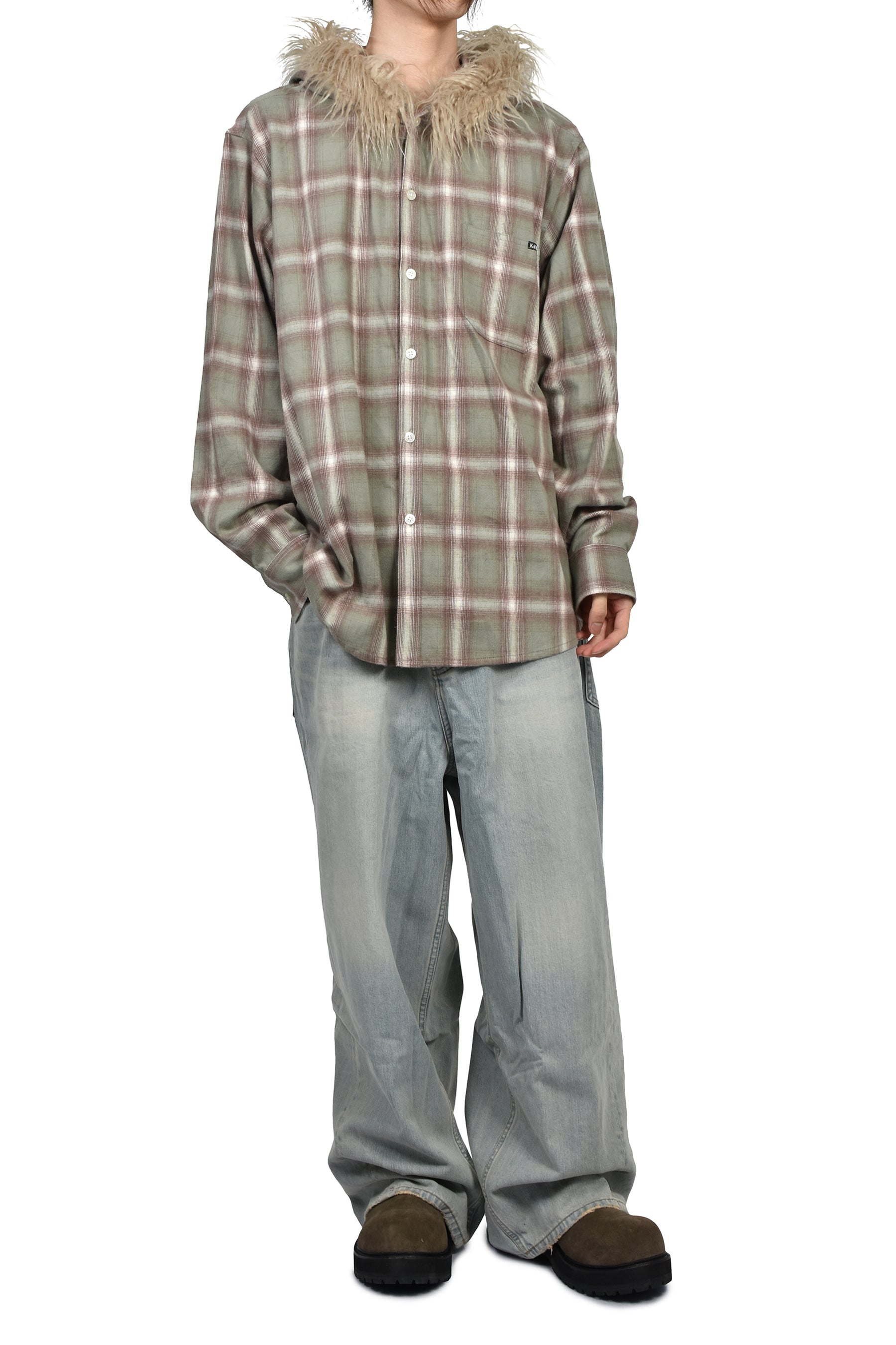 FUR-TRIMMED HOODED CHECK SHIRT / GRN