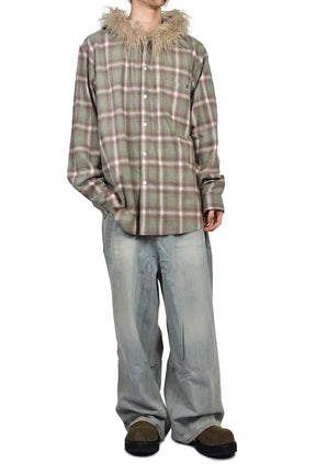 FUR-TRIMMED HOODED CHECK SHIRT / GRN