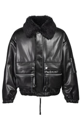 FAUX LEATHER FUR BOMBER JACKET / BLK
