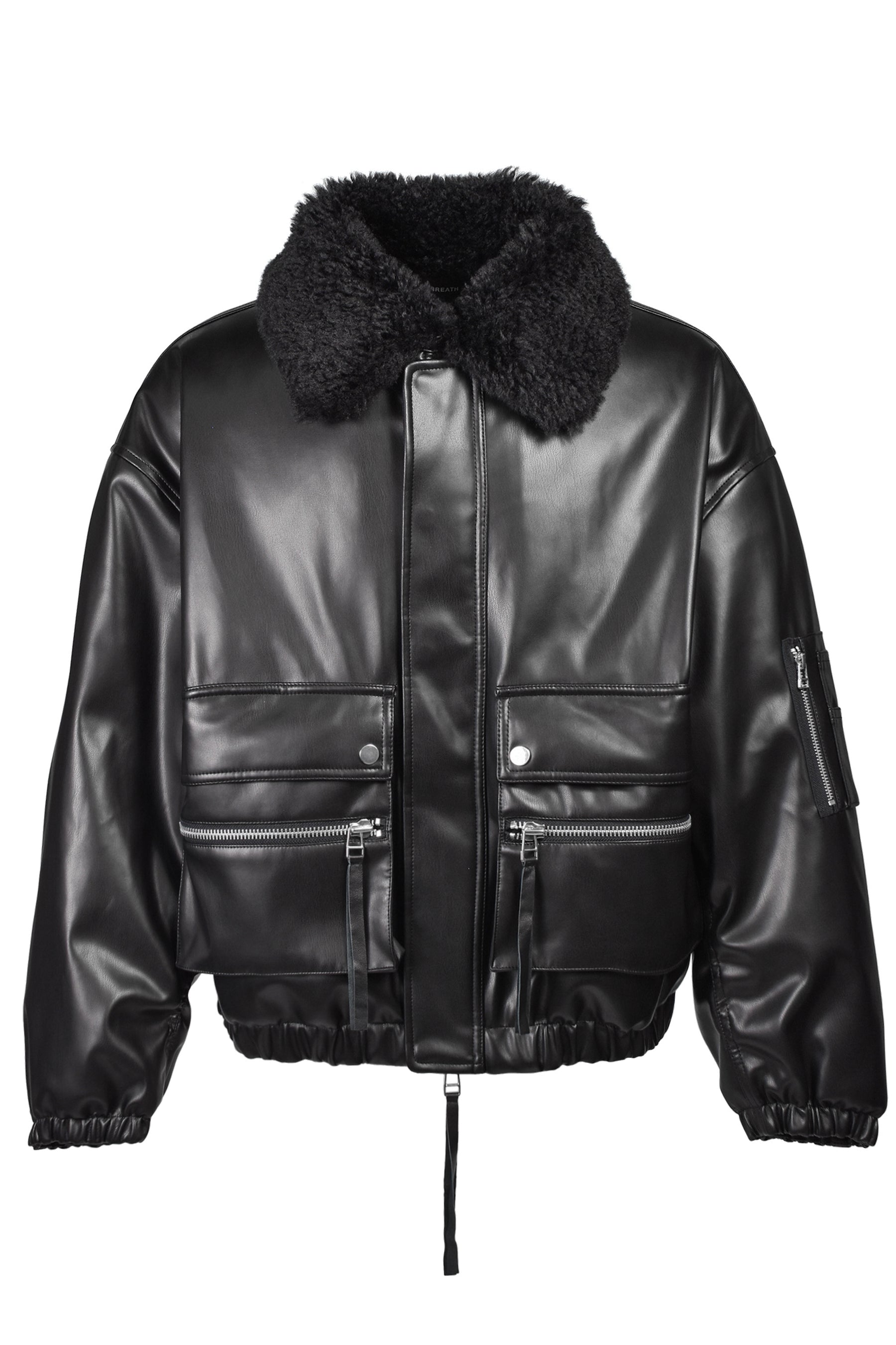 FAUX LEATHER FUR BOMBER JACKET / BLK