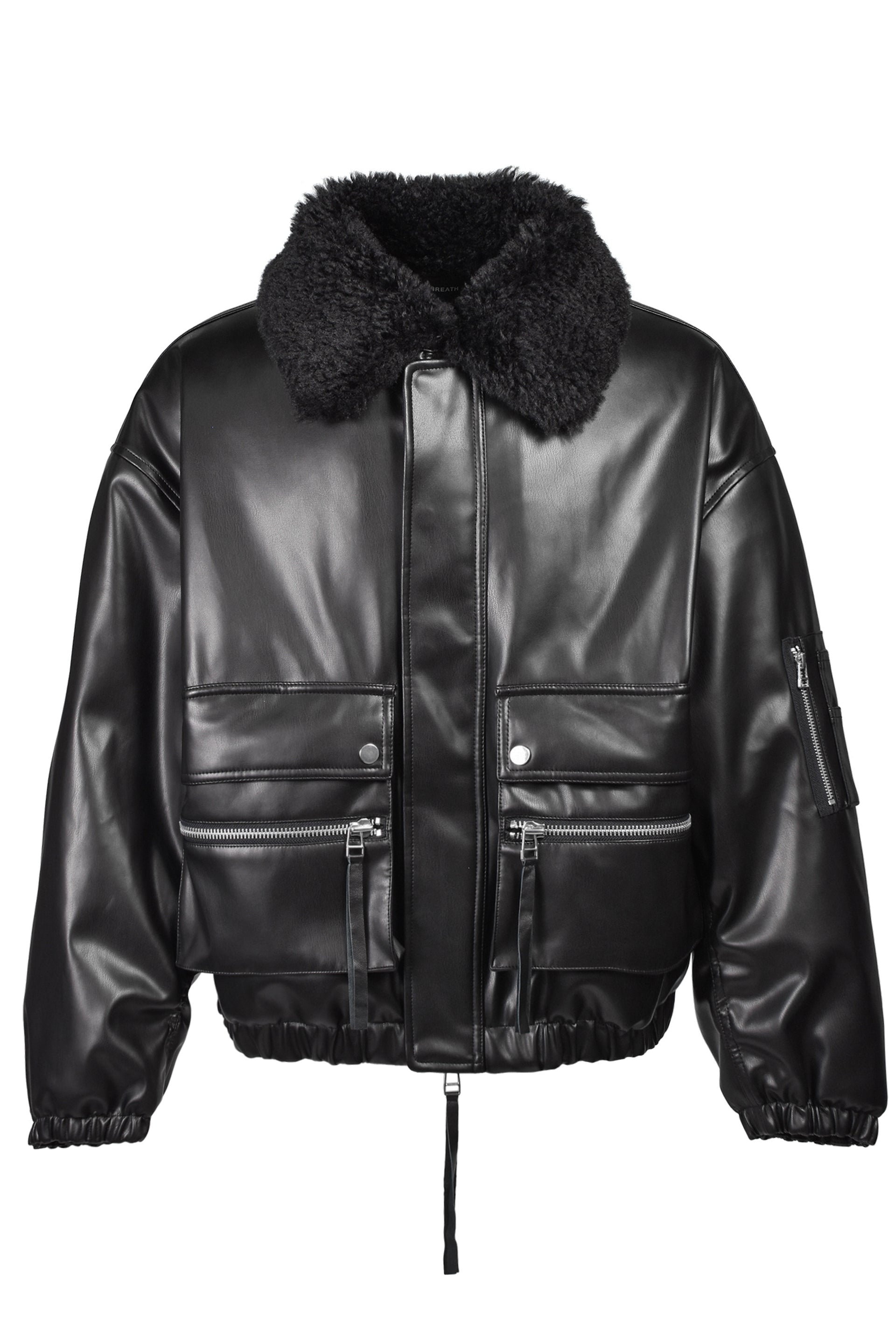 FAUX LEATHER FUR BOMBER JACKET / BLK
