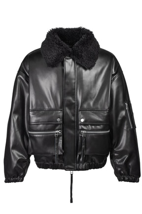 FAUX LEATHER FUR BOMBER JACKET / BLK