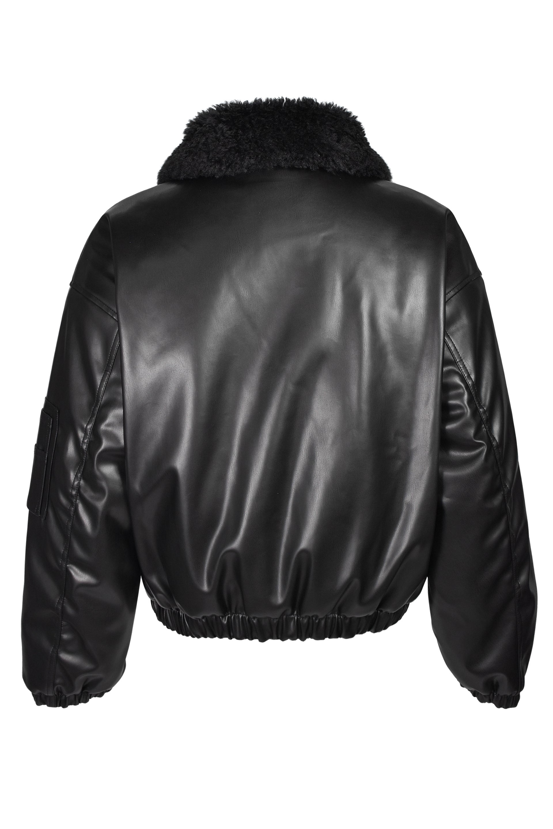 FAUX LEATHER FUR BOMBER JACKET / BLK