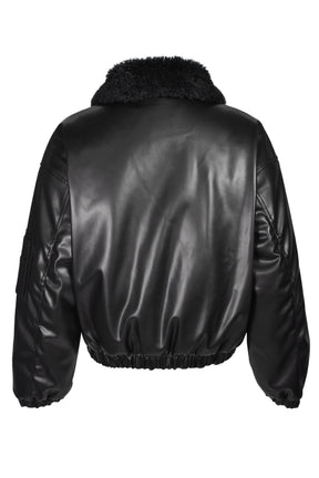 FAUX LEATHER FUR BOMBER JACKET / BLK