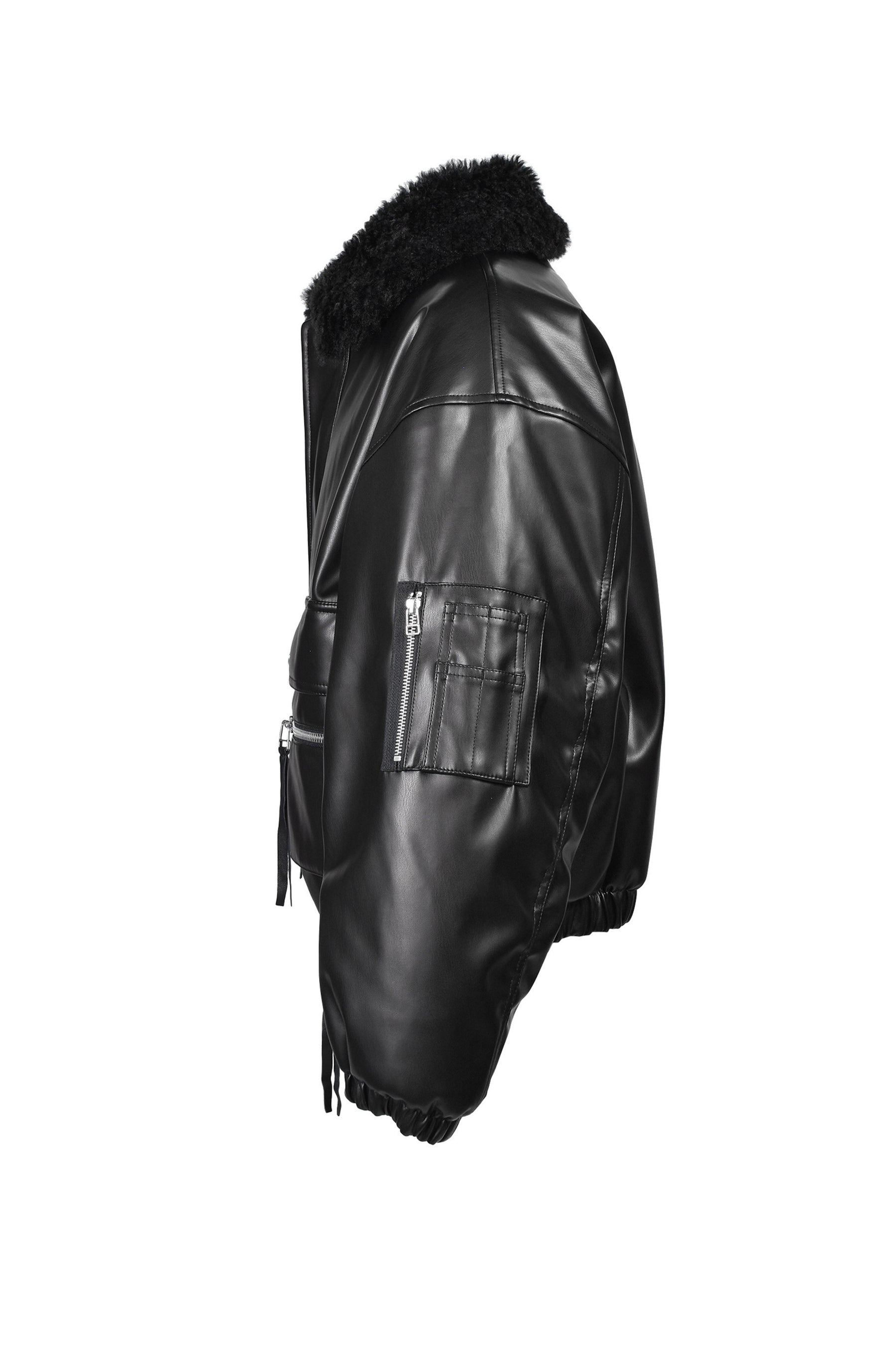 FAUX LEATHER FUR BOMBER JACKET / BLK