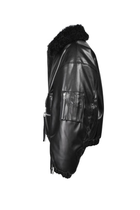 FAUX LEATHER FUR BOMBER JACKET / BLK