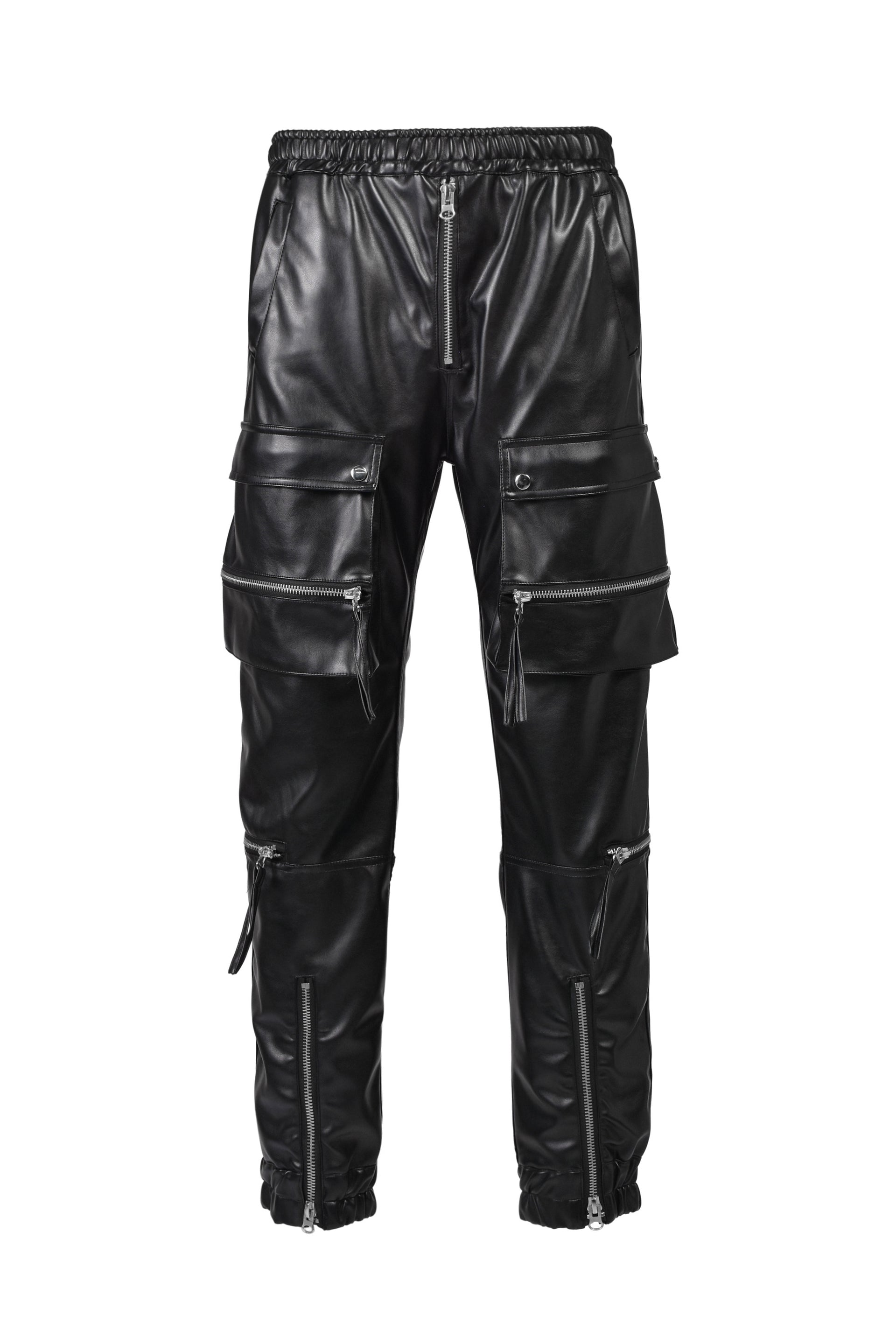 FAUX LEATHER CARGO JOGGER PANTS / BLK