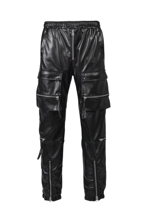 FAUX LEATHER CARGO JOGGER PANTS / BLK