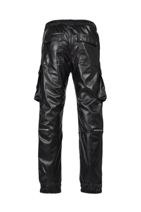 FAUX LEATHER CARGO JOGGER PANTS / BLK