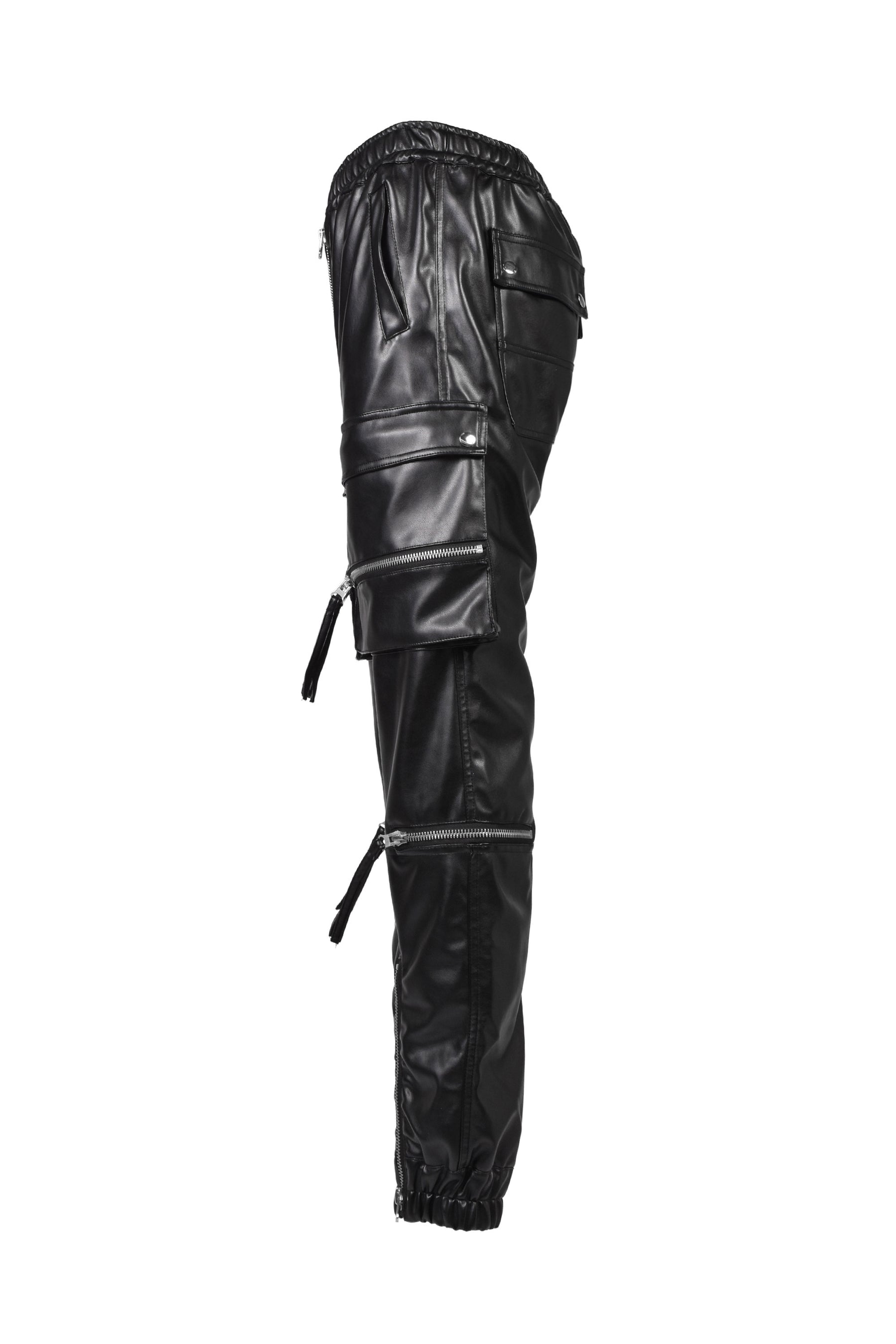 FAUX LEATHER CARGO JOGGER PANTS / BLK