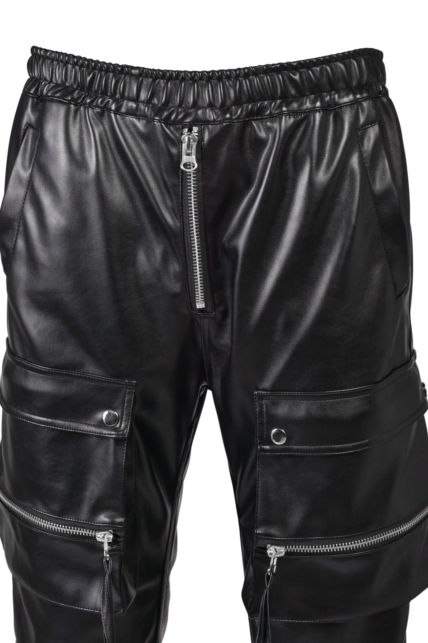 FAUX LEATHER CARGO JOGGER PANTS / BLK
