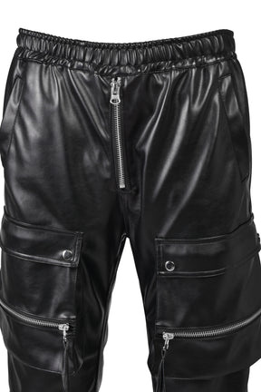 FAUX LEATHER CARGO JOGGER PANTS / BLK
