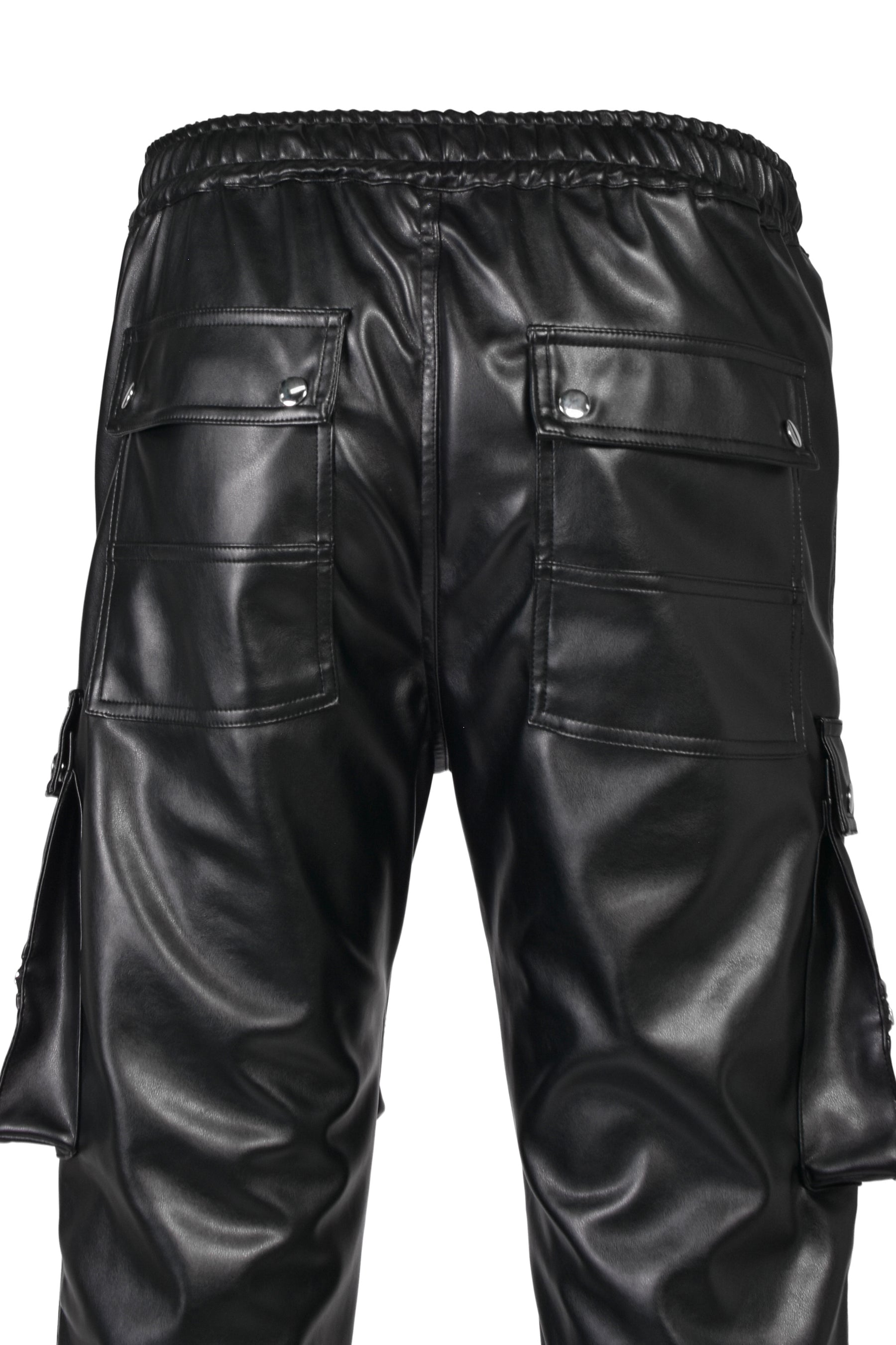 FAUX LEATHER CARGO JOGGER PANTS / BLK