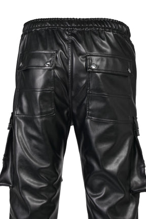 FAUX LEATHER CARGO JOGGER PANTS / BLK