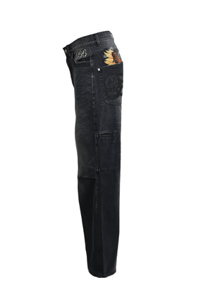CHAIN ​​EAGLE PATCH DENIM PANTS / BLK 